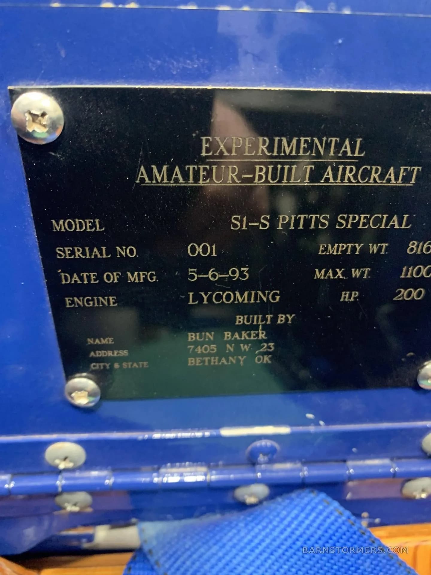 A close-up of the aircraft's data plate, showing it's an experimental, amateur-built S1-S Pitts Special.