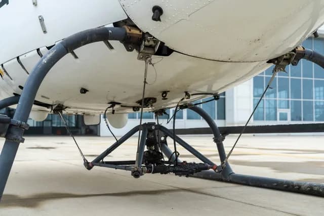 Close-up view of the underside and landing skids of a white helicopter.