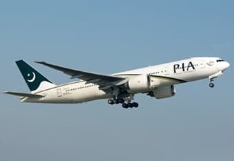 A Pakistan International Airlines Boeing 777 in flight.