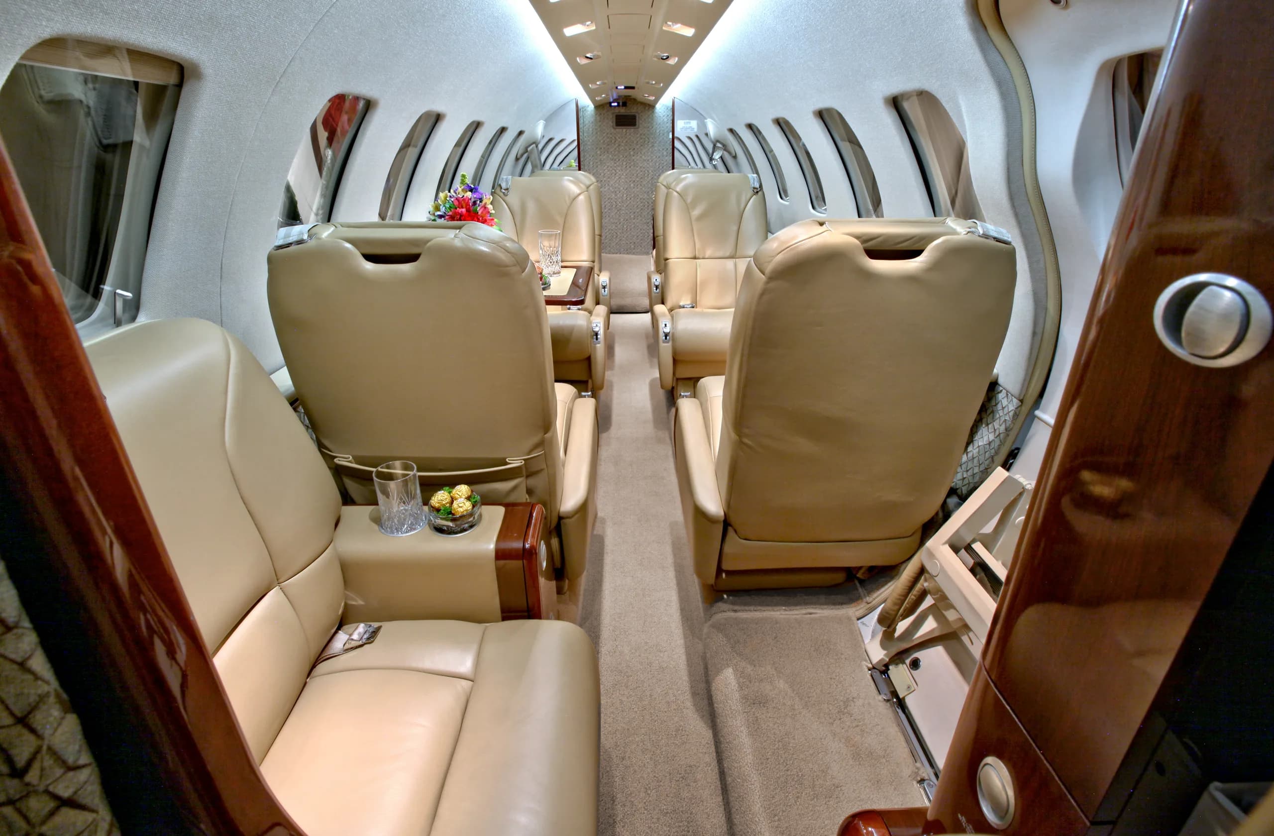 The aircraft's interior features leather seats, wood trim, and a spacious cabin.