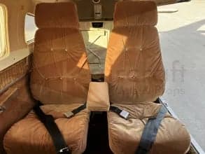 The interior of the aircraft features brown seats and carpet.