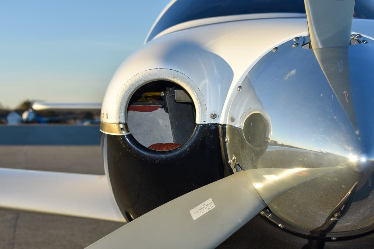 Close-up of the Columbia 350 logo on the aircraft's exterior.