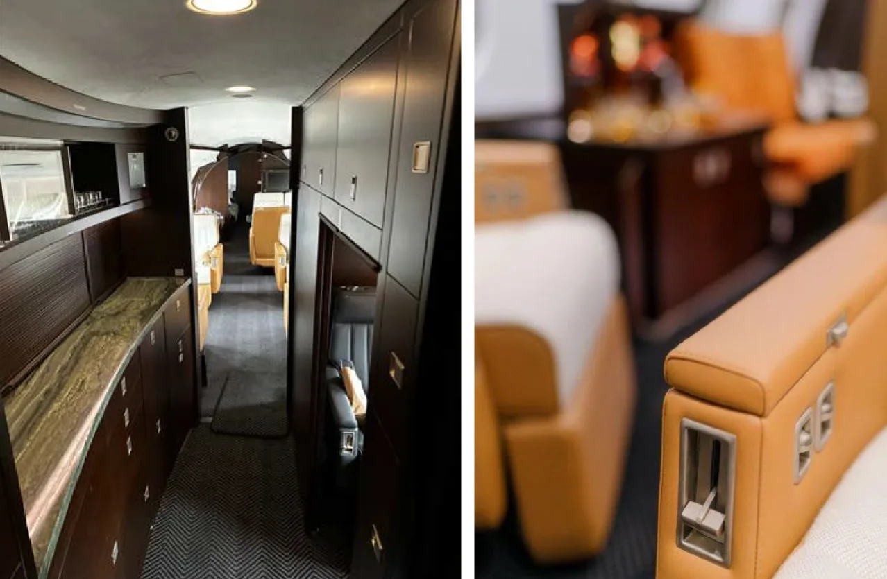 A split image showing a dark wood galley and corridor on the left, and a close-up of a tan seat armrest with controls on the right.