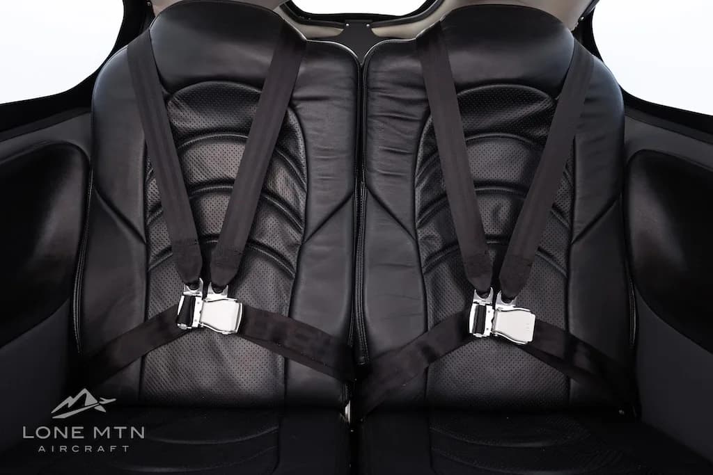 Close-up view of the two black leather rear seats with seatbelts in the aircraft cabin.