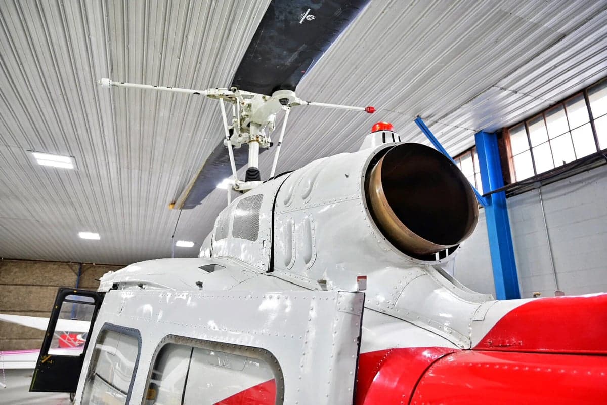 Close-up of the engine exhaust area of the N857SD helicopter.