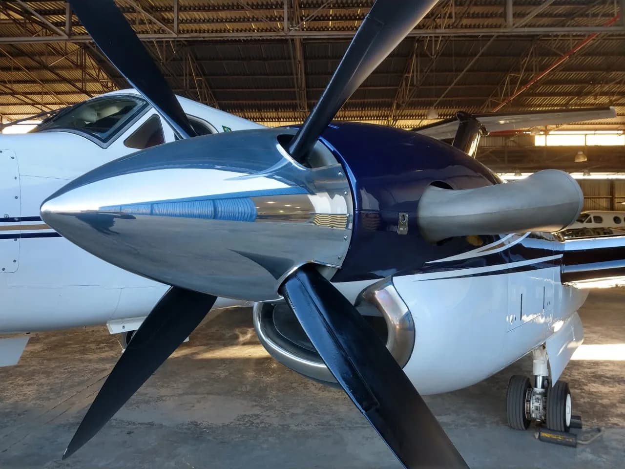 Close up of the propeller and engine cowling of a Beechcraft King Air 200.