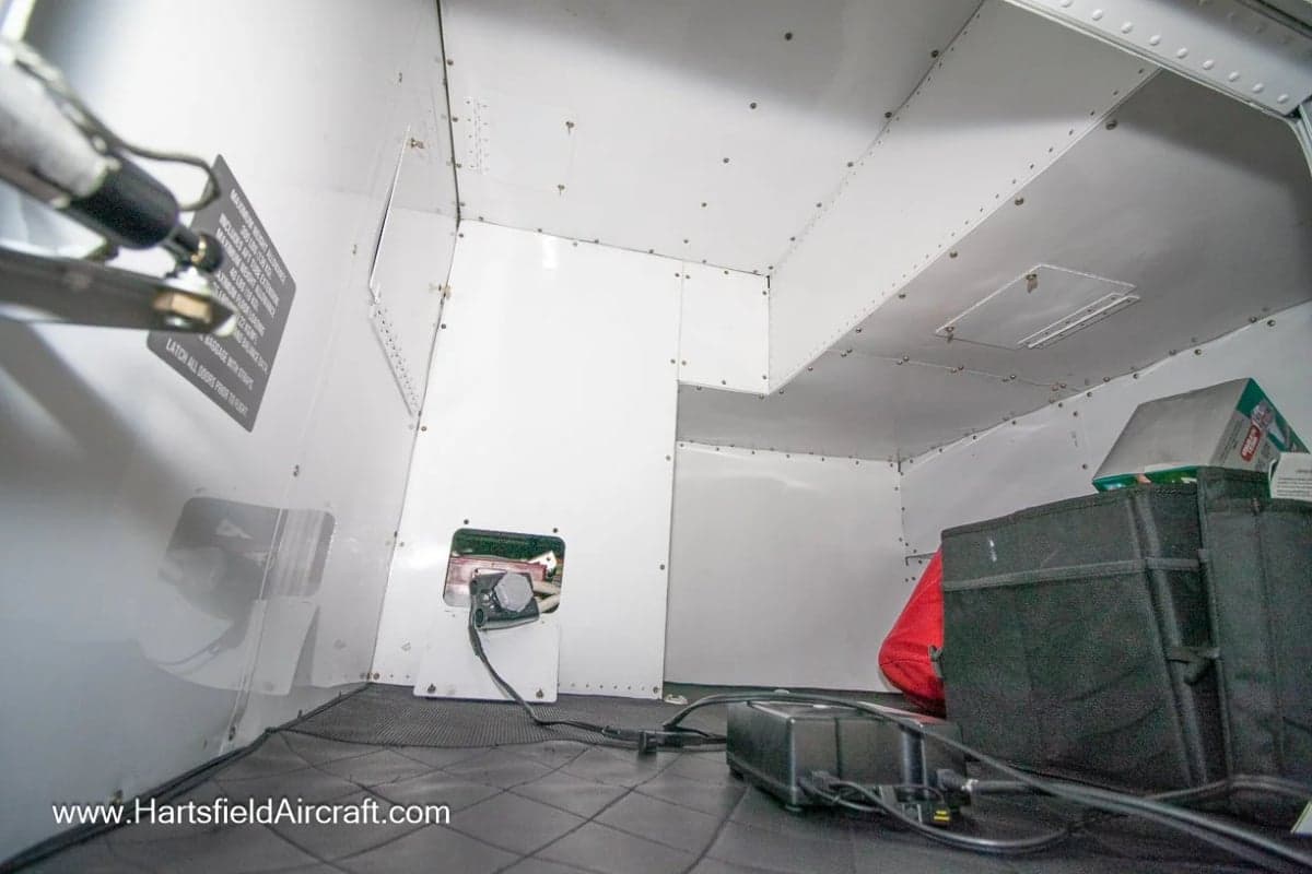 View of the interior of the aircraft's baggage compartment.