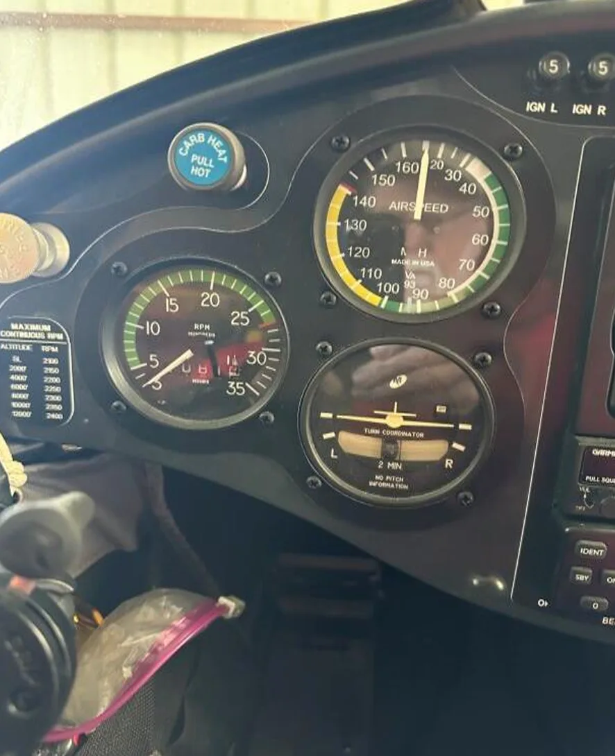 Close up of the instrument panel in the cockpit of the Carbon Cub aircraft.
