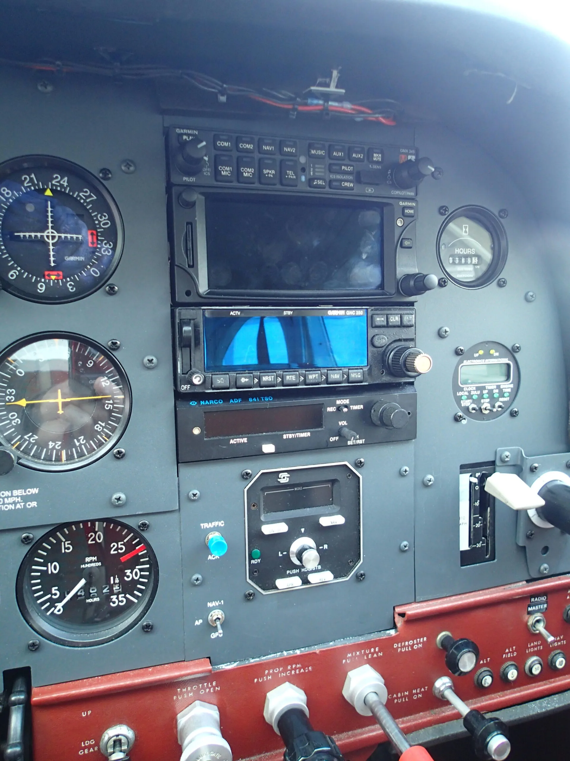 Close up of the avionics in the cockpit of the Cessna Cardinal RG C-FBXA.