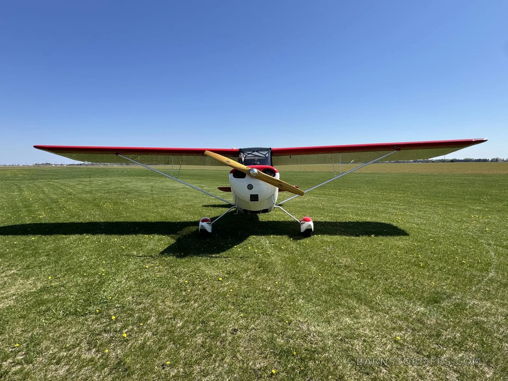 A red and white single-engine aircraft with tail number N293SA viewed from the front, parked on a grassy field.