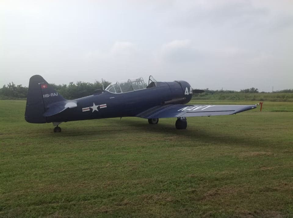 A blue North American T-6 Texan aircraft parked on a grassy field.
