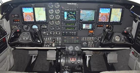 The interior of the aircraft, showing the seating arrangement and cabin features.