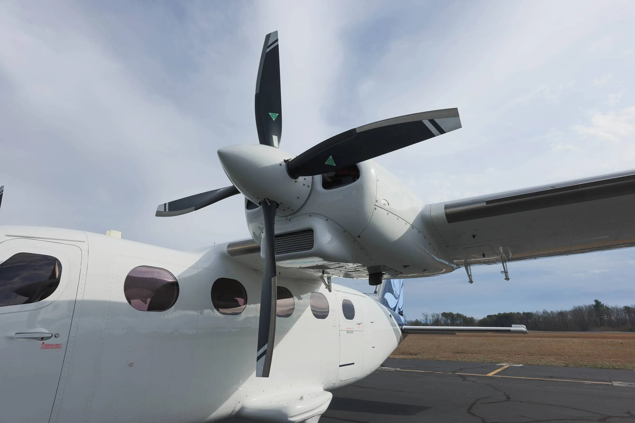 Close up of the aircraft's propeller and engine.