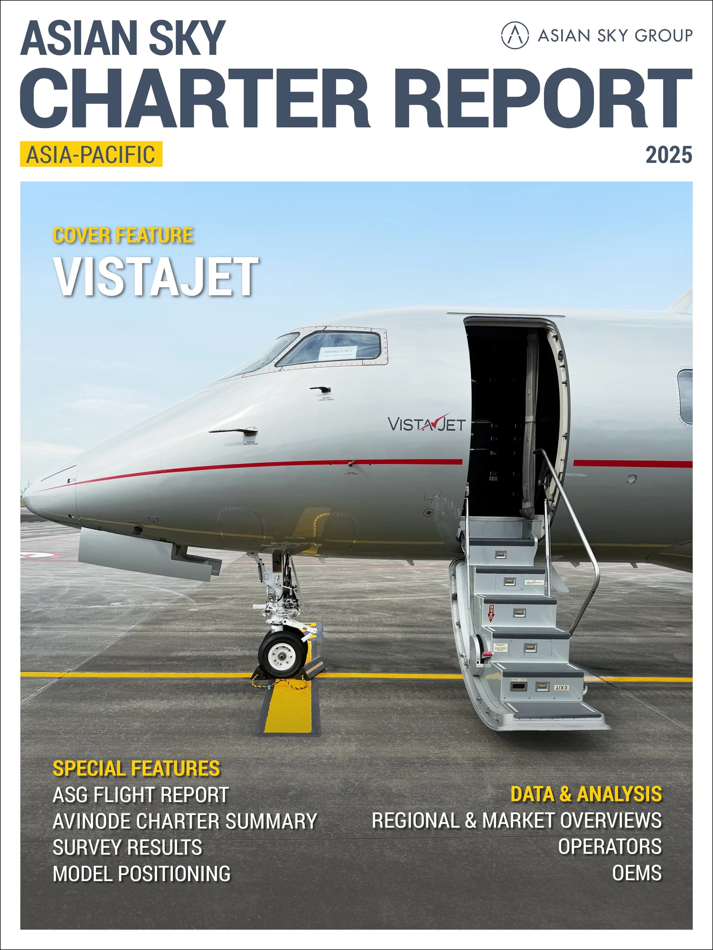 The front section of a white VistaJet business jet with its passenger door open and stairs extended on the tarmac.