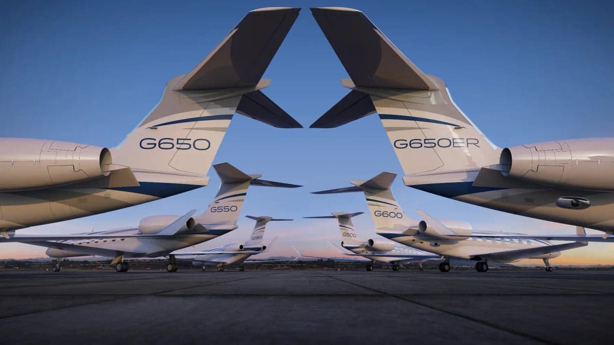Several Gulfstream jets parked on the tarmac, with tails facing each other.