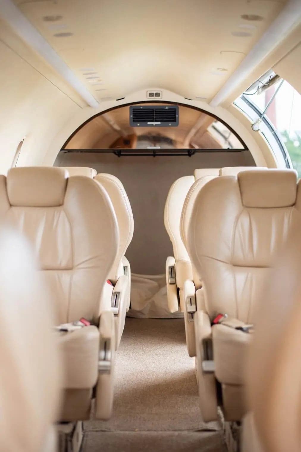 View of the aircraft's interior cabin with tan leather seats.