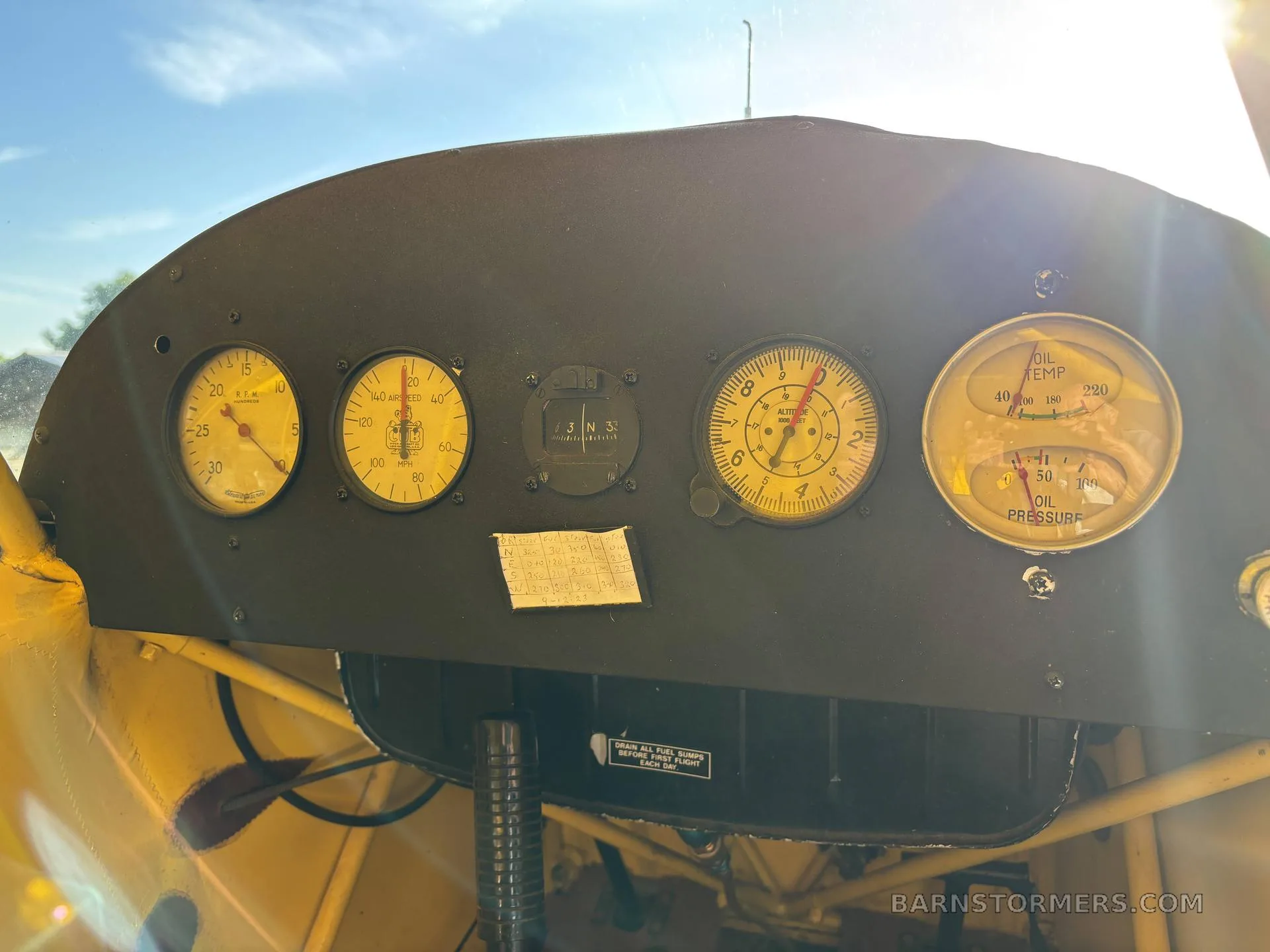 The simple black instrument panel of a yellow aircraft, featuring several round gauges and a small data card.