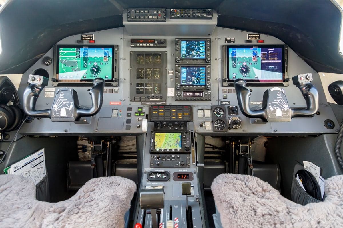 Detailed view of the Pilatus PC-12 cockpit instrument panel.