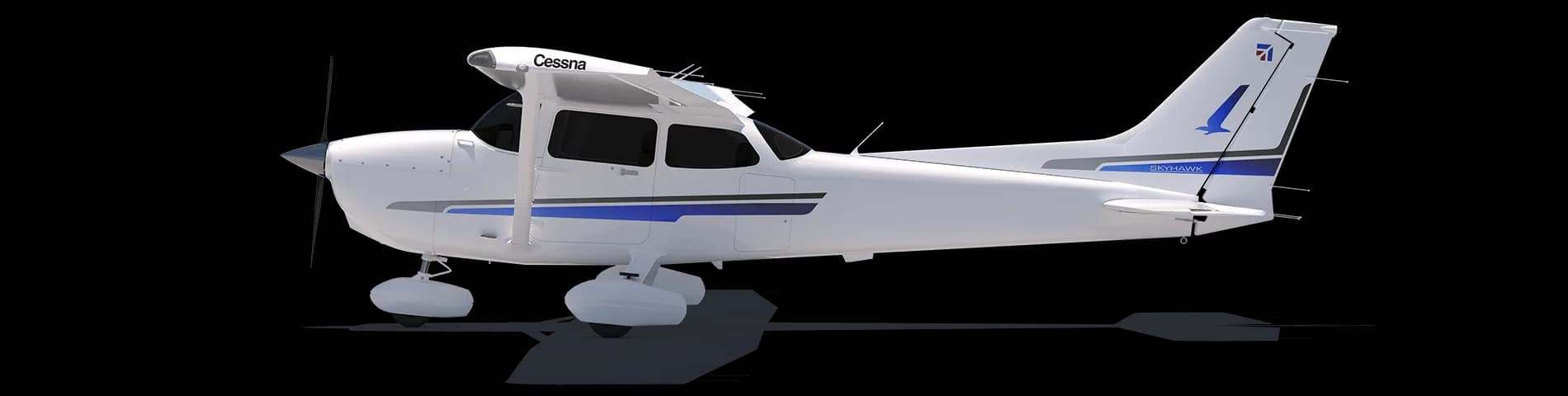 A white and blue Cessna Skyhawk aircraft on a black background.