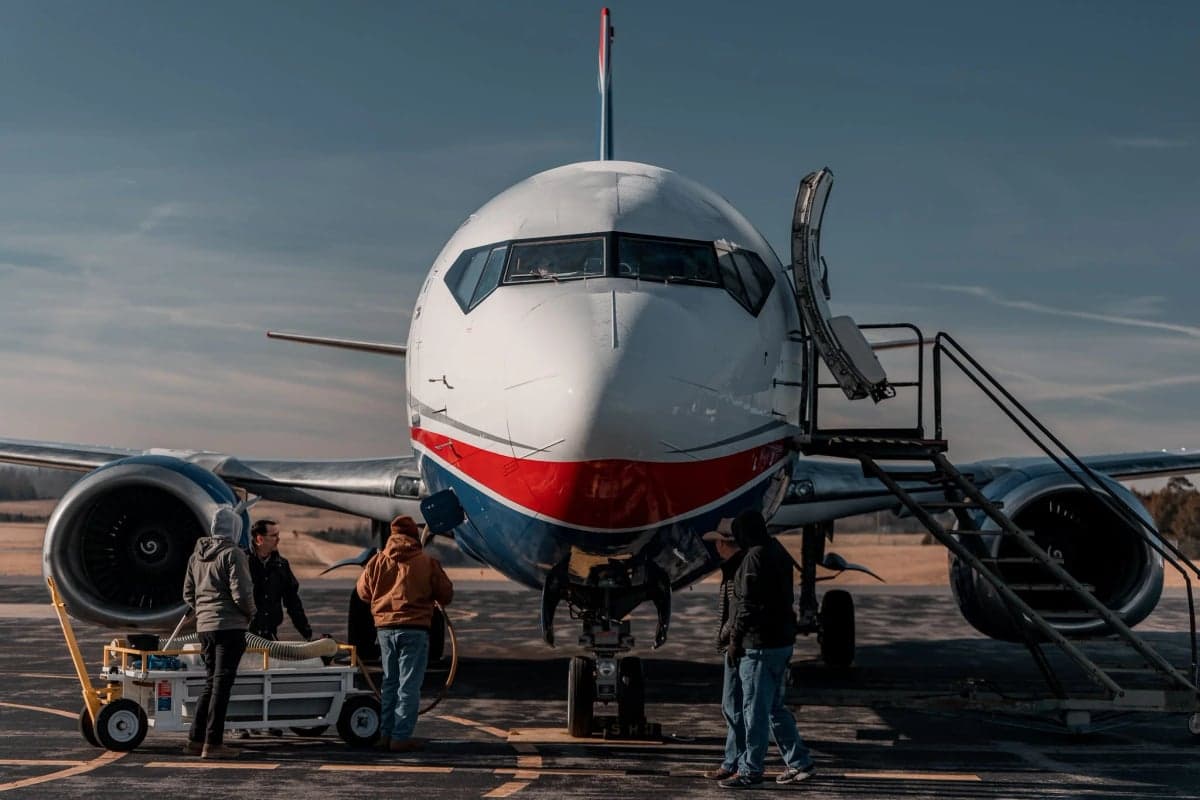 Front view of a Boeing 737 aircraft with people around it on the tarmac.