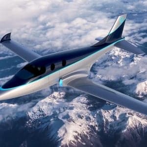 A rendering of an aircraft flying over a snowy mountain range.