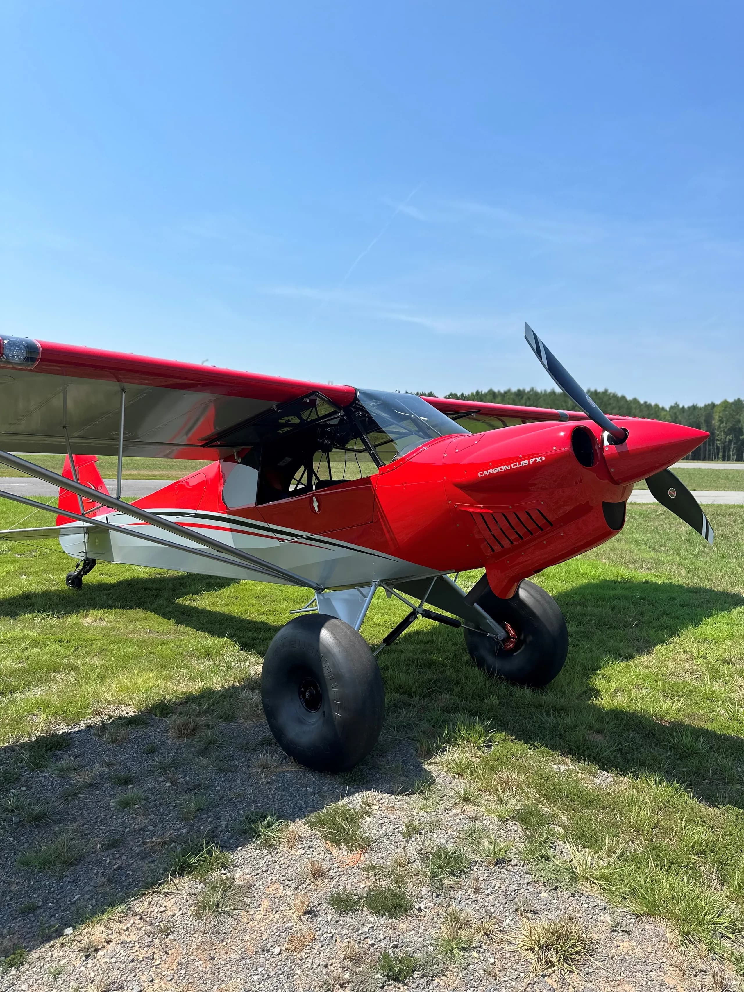 A red and silver Carbon Cub FX-3 on a grassy field.