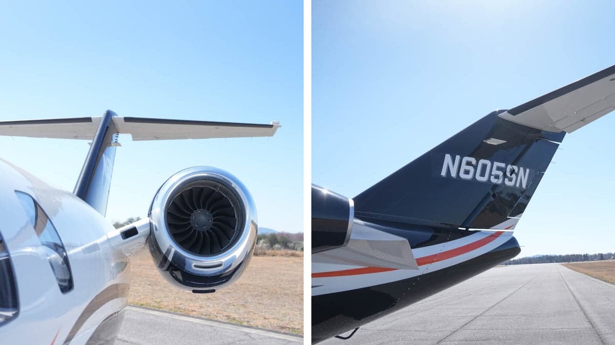 The aircraft's engine and tail with registration N605SN are shown.