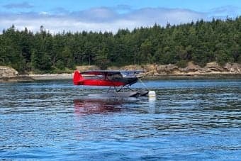 A red and black float plane sits on the water near a wooded shoreline.