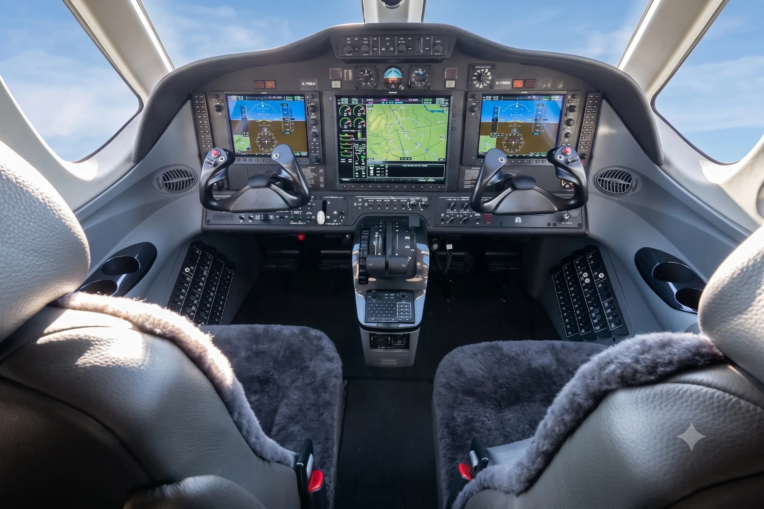 A view of the aircraft cockpit with multiple digital displays, control yokes, and a central console, seen from the pilot's seat.