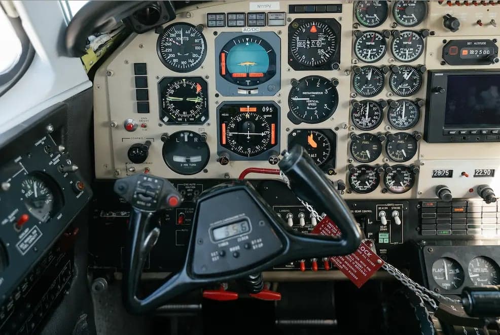 Close up of the instrument panel in the cockpit of the King Air B200.