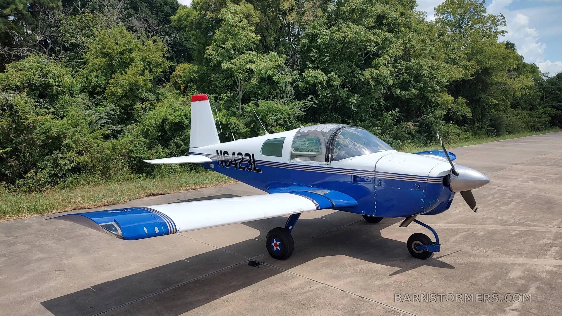 A white and blue American Aviation AA-1 Yankee aircraft with registration N6423L, viewed from the front-right, parked on an asphalt surface with trees in the background.