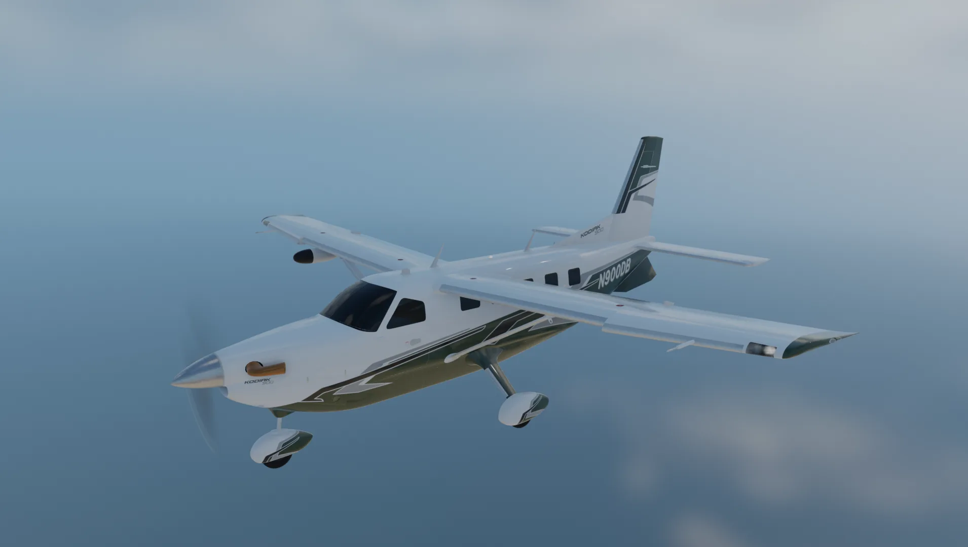A white and green Kodiak 100 aircraft with registration N3001B flying in a clear sky.