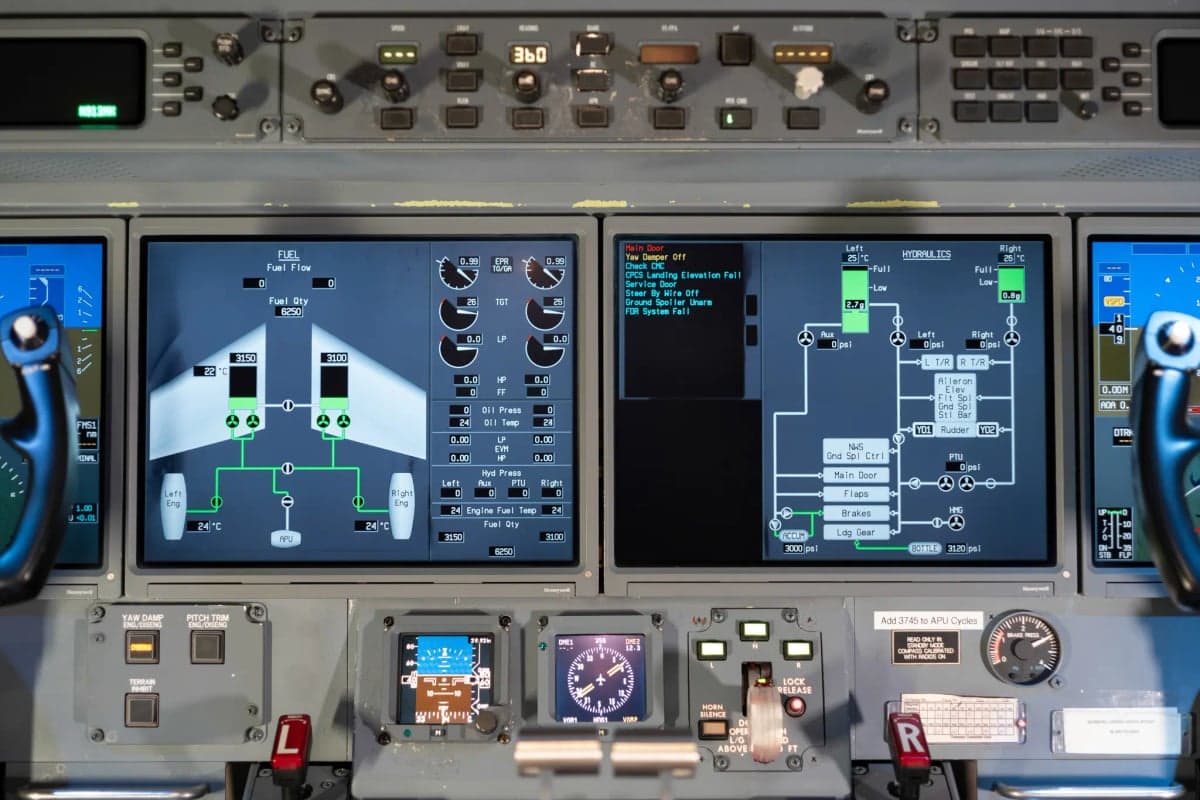 Close-up of the Gulfstream G450 cockpit instrument panel and display screens.