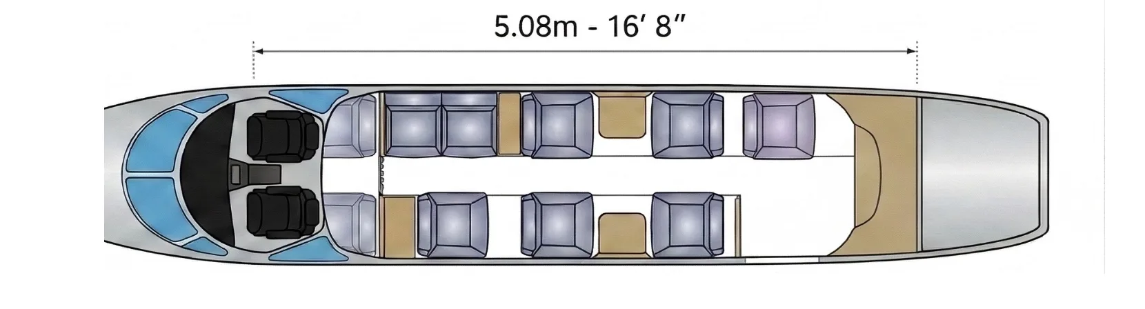 A diagram of the interior layout of a Beechcraft King Air 350.