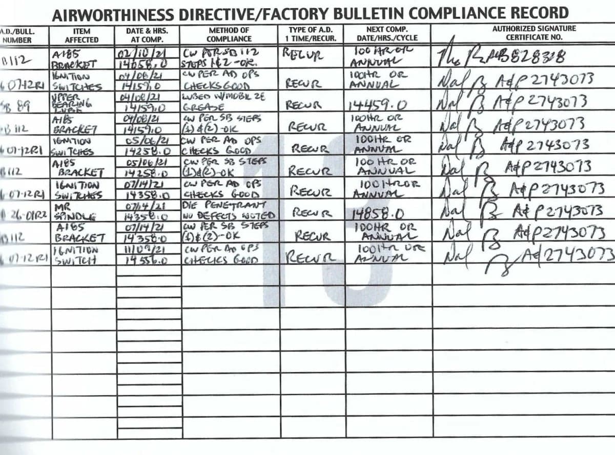 A document showing an airworthiness directive and factory bulletin compliance record in a table format.