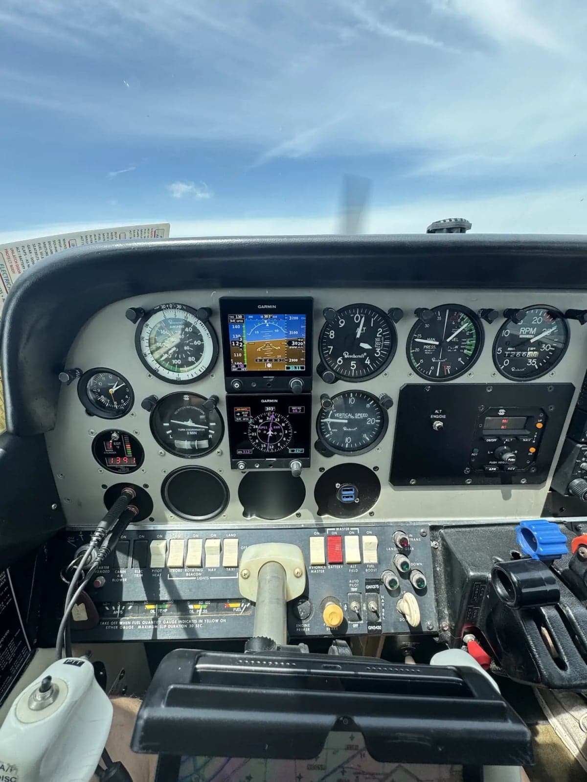 The cockpit instrument panel of a light aircraft, featuring analog gauges and two Garmin digital displays.