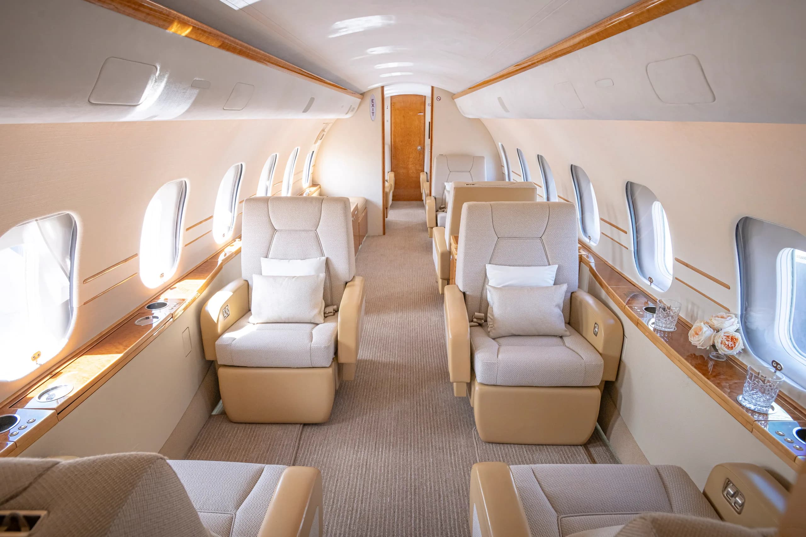A view of the aircraft's interior with tan leather seats and wood trim.