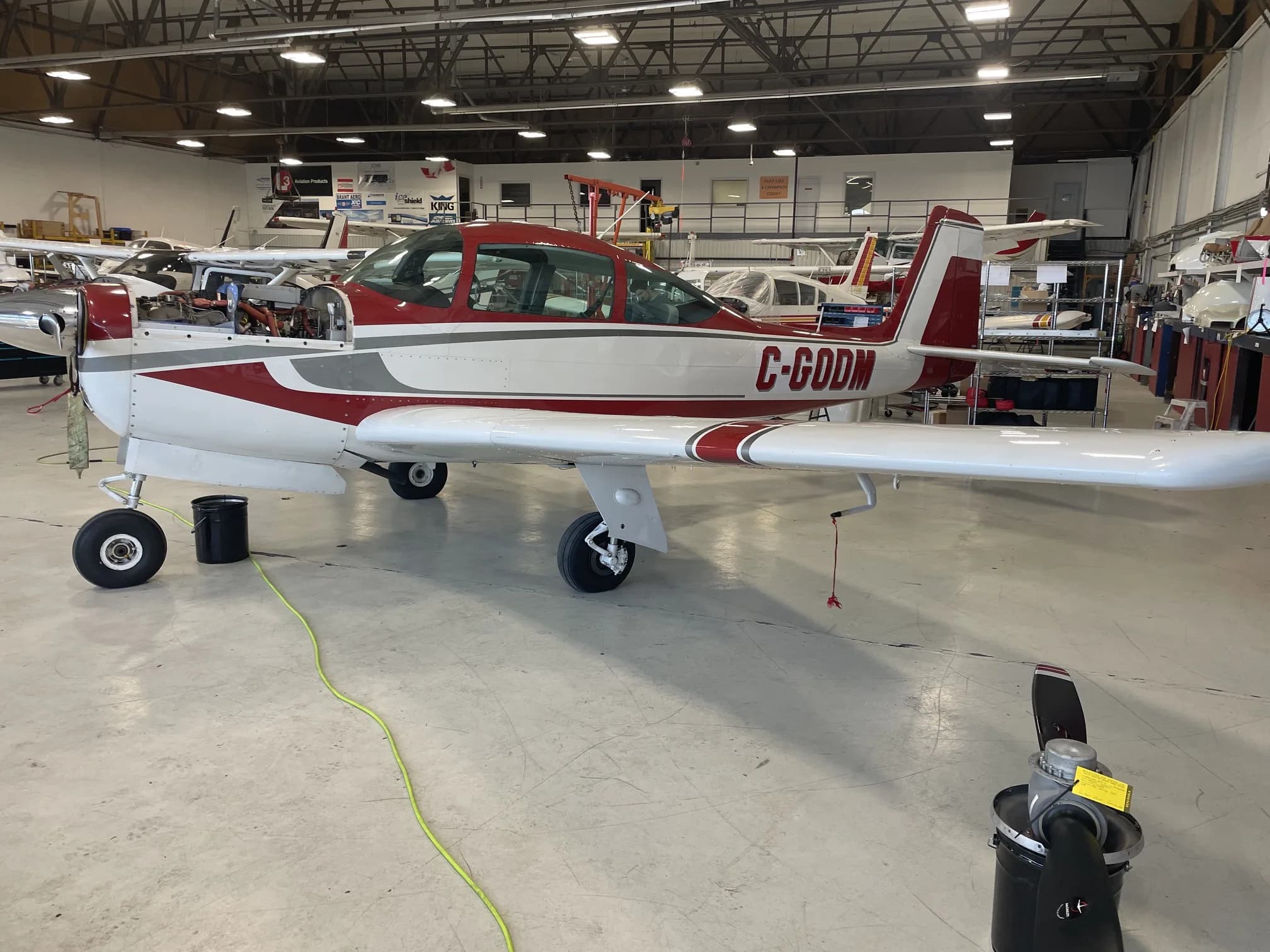 A white and red single-engine aircraft, registration C-GODM, parked inside a hangar.