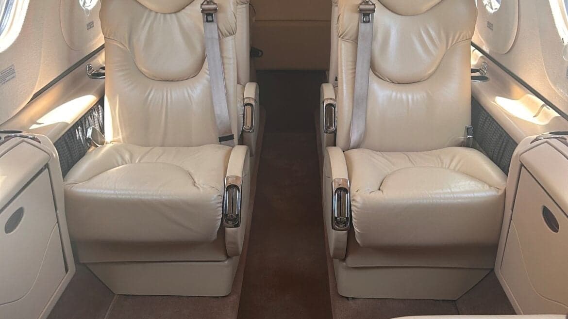 View of the interior cabin seats of the aircraft.