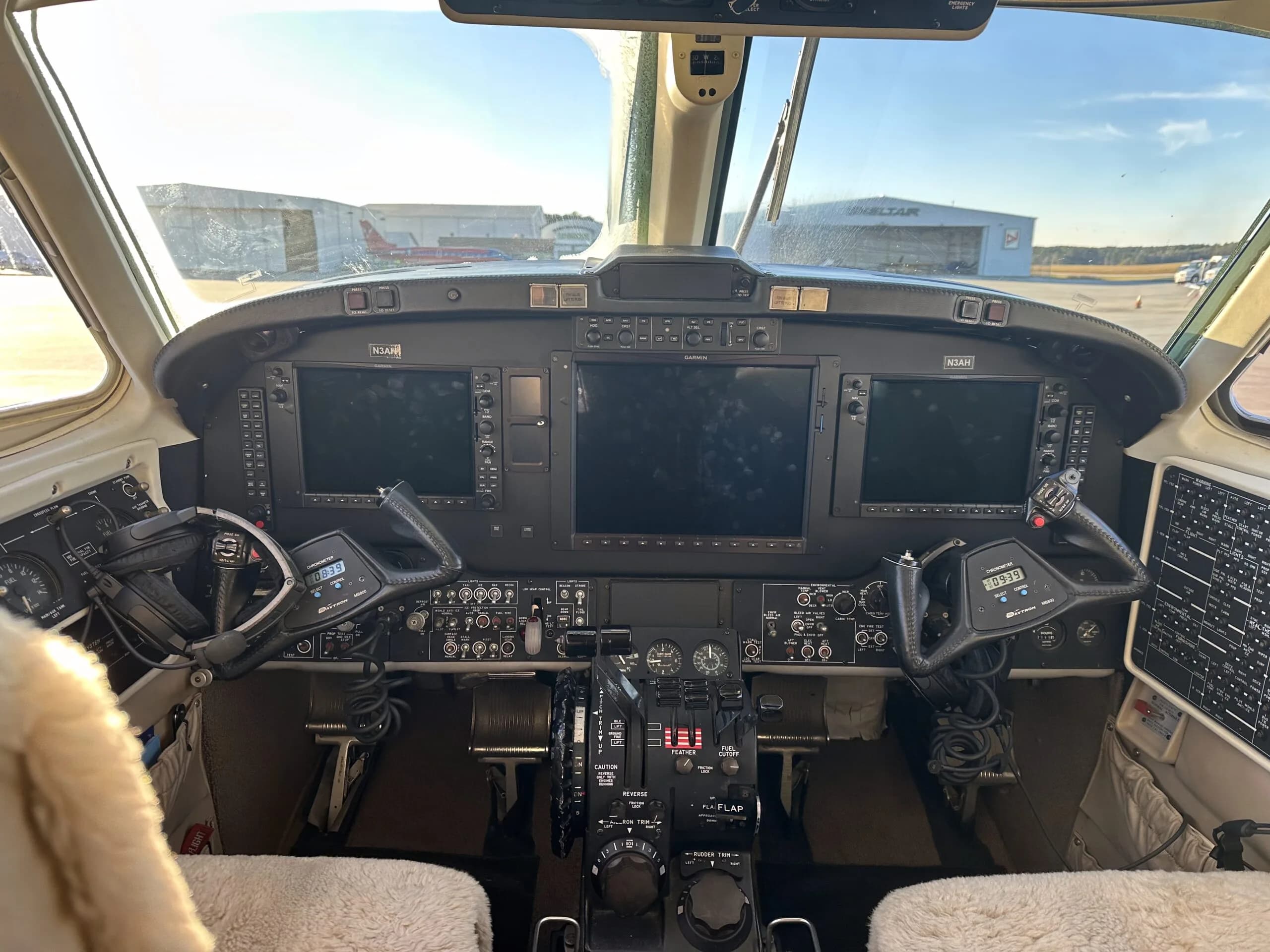 Cockpit view of a Beechcraft King Air 360ER with modern avionics.