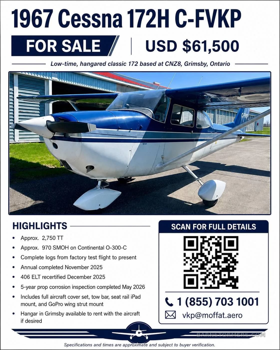 A 1967 Cessna 172H, registration C-FVKP, in blue and white paint, parked on an tarmac in front of a hangar, viewed from the front-right.
