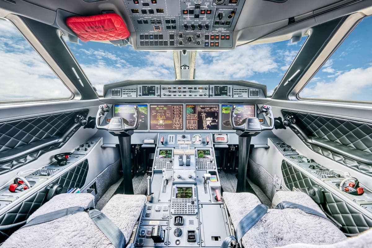The cockpit of the aircraft is equipped with advanced avionics and controls.