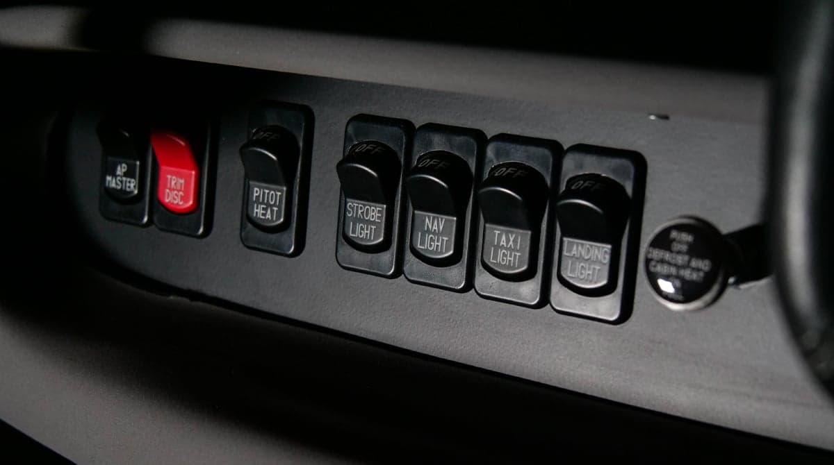 Close-up of the aircraft's switch panel.