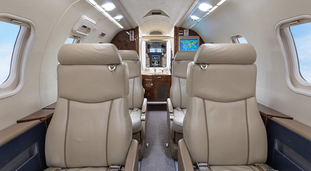 View of the Learjet 45XR cabin with leather seats.