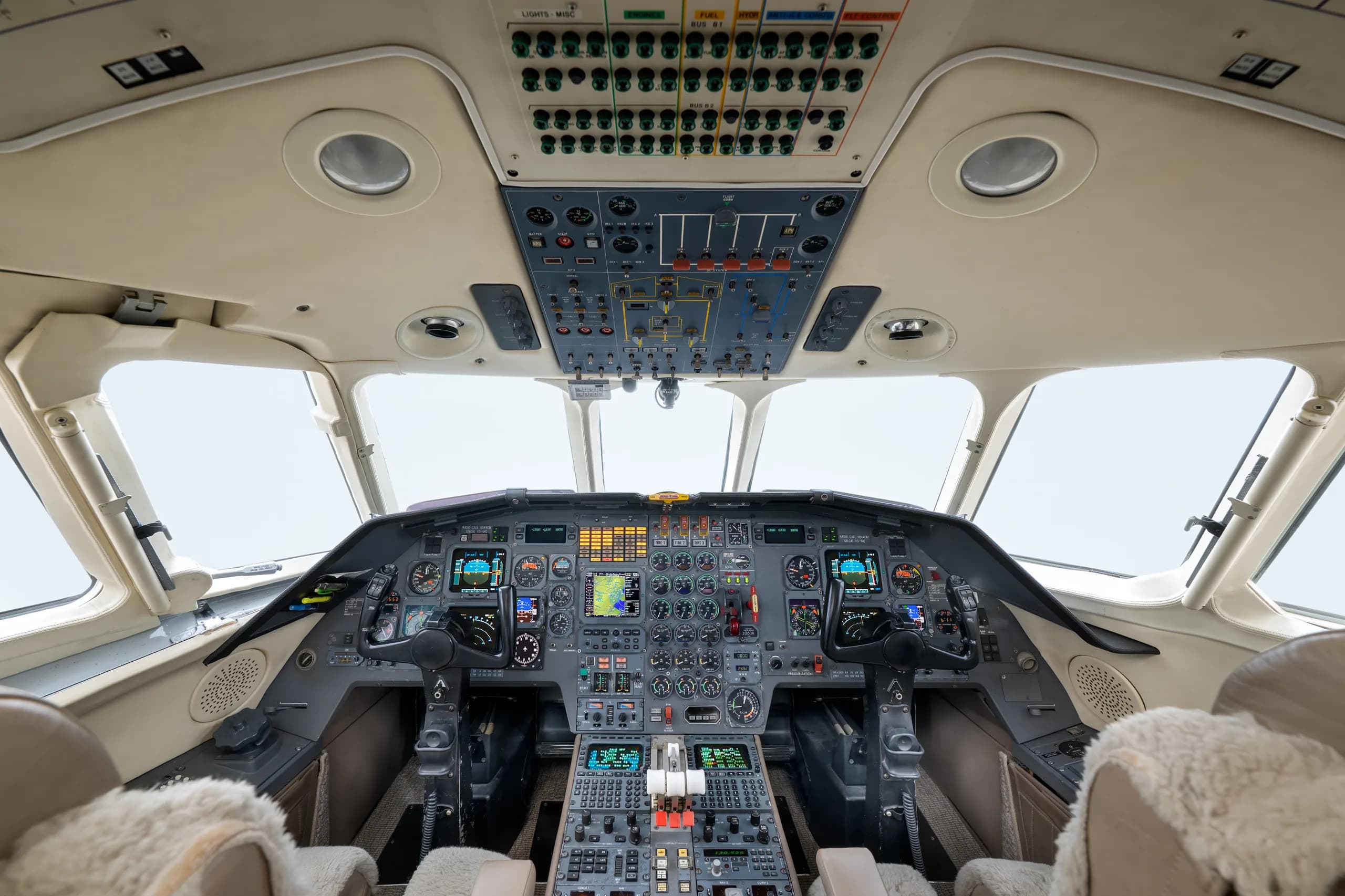 View of the aircraft cockpit with instrument panel.