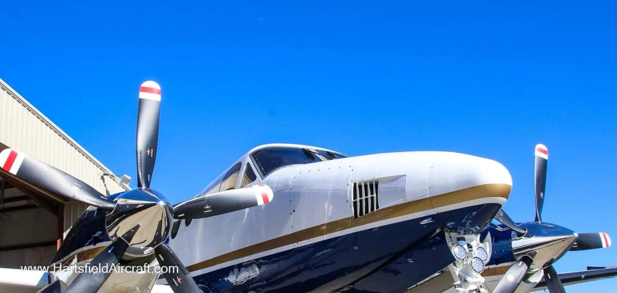 Close up of the front of a King Air aircraft.
