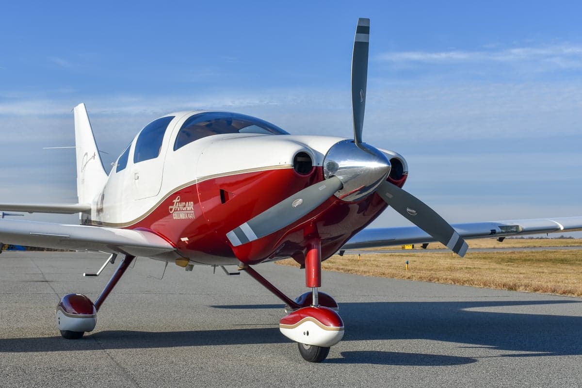 Close up of the propeller and front of the Lancair Columbia 350 aircraft.