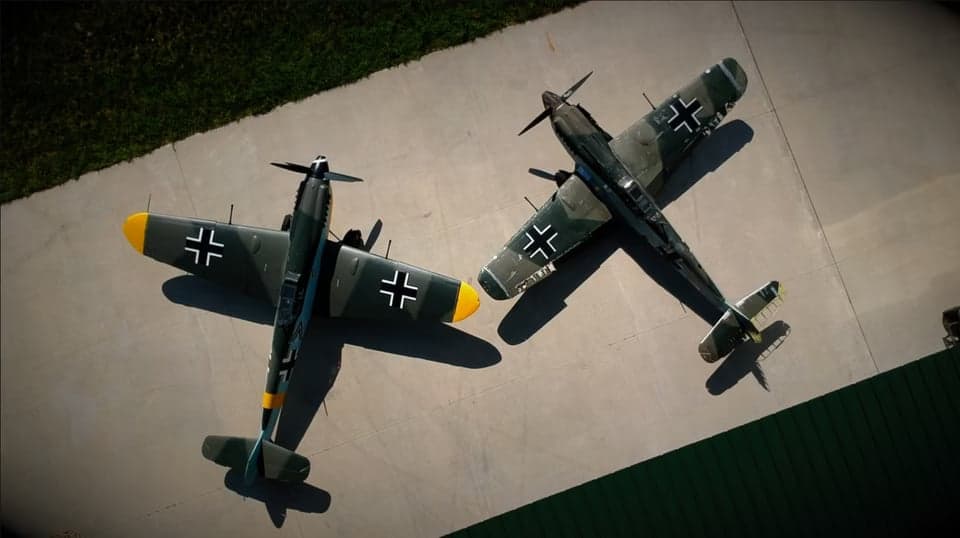 A Messerschmitt Bf 109 aircraft inside a hangar.