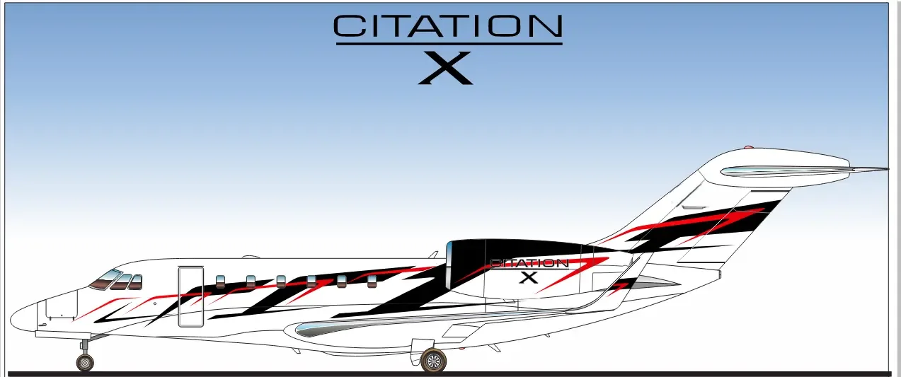 A side view diagram of a Citation X business jet with a white, black, and red livery.