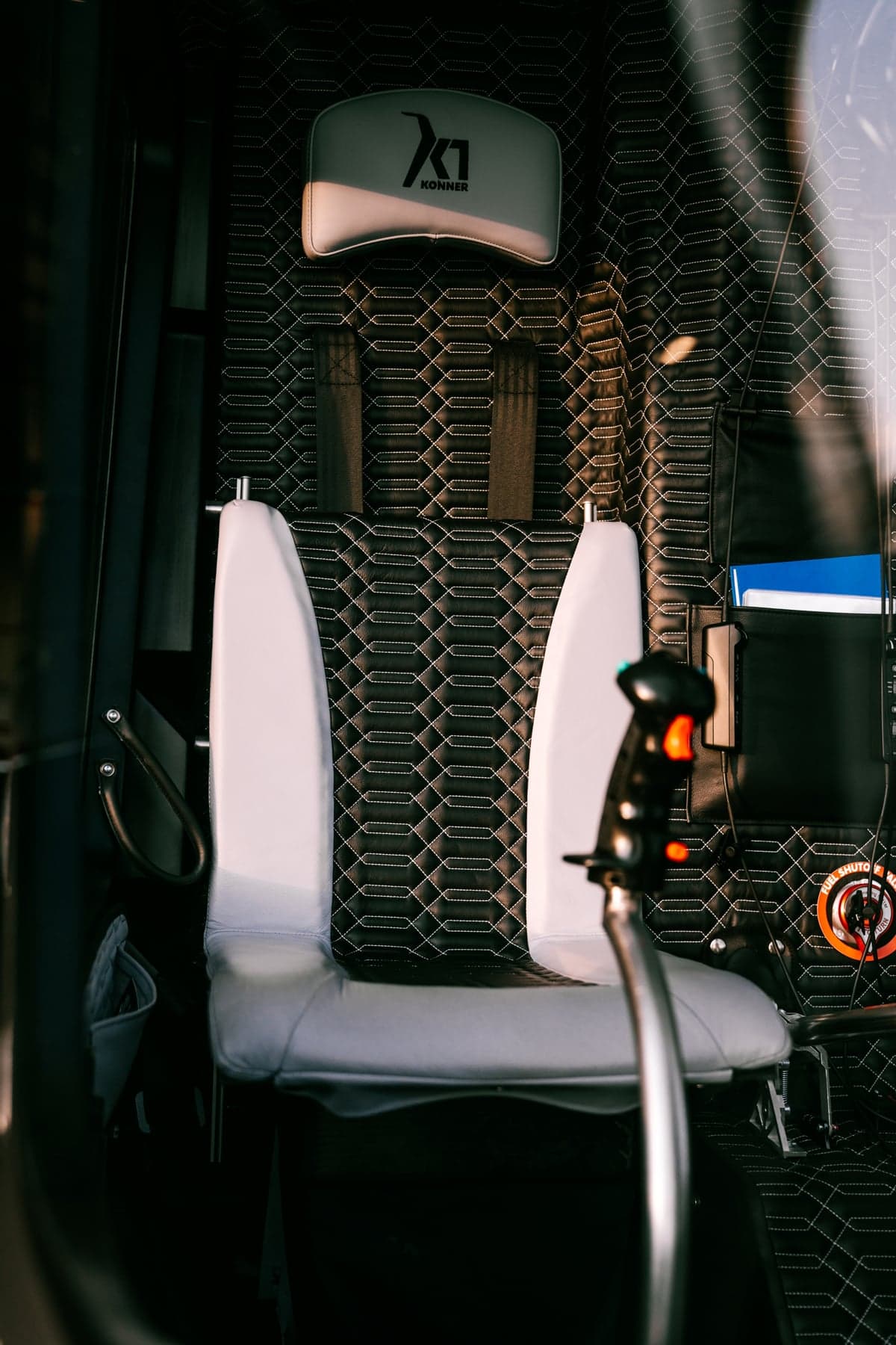 Close-up of the helicopter's interior seat and design.